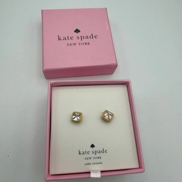 KATE SPADE Square Solitaire Crystals Gold-Tone Metal Hardware Earrings Boxed NWT - Picture 1 of 6